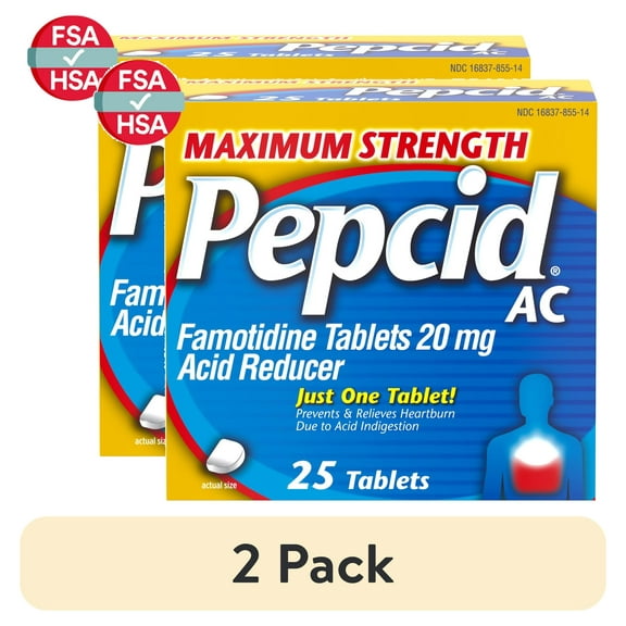 (2 pack) Pepcid AC Maximum Strength Heartburn Medicine, Famotidine, 25 Count