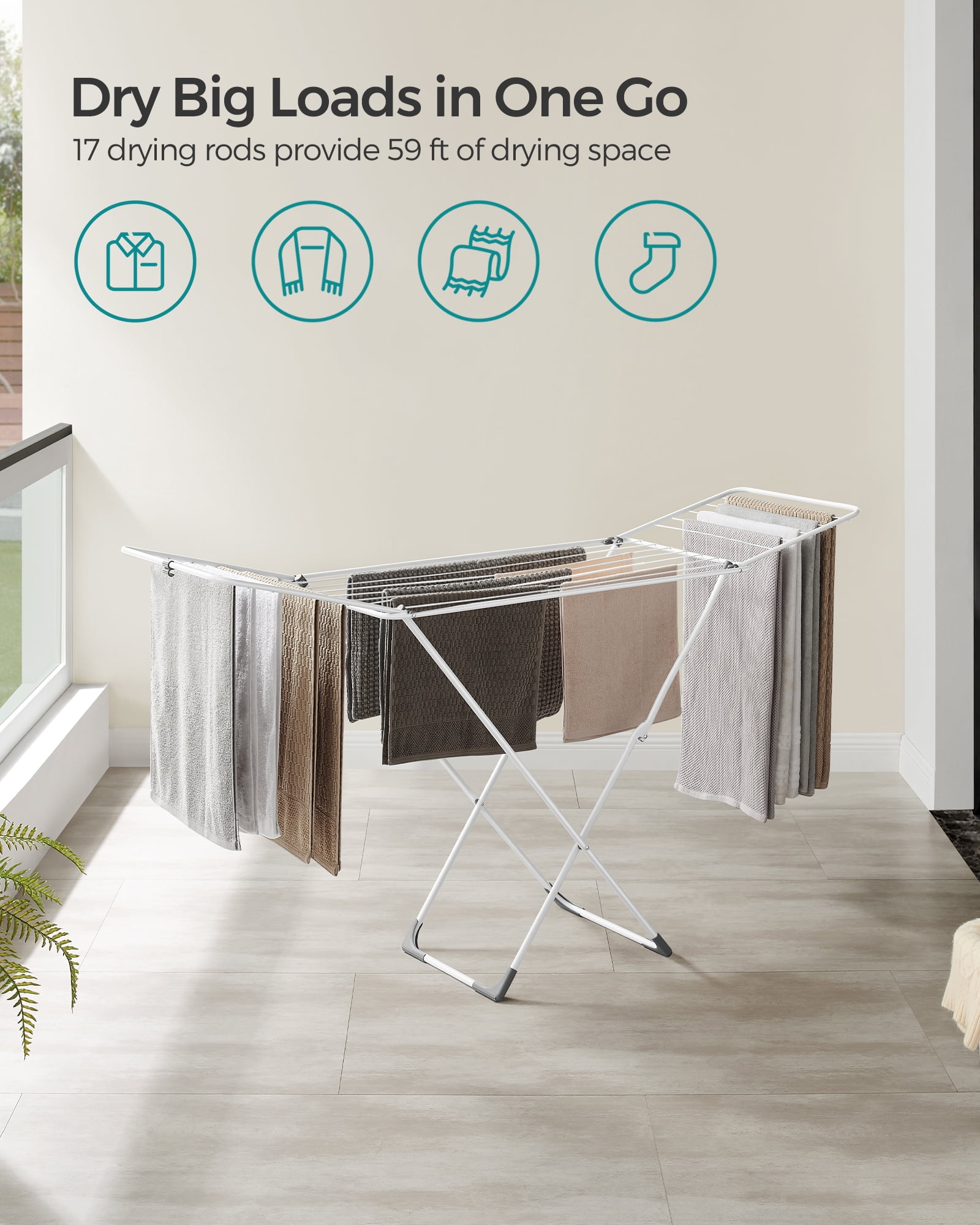 SONGMICS Clothes Drying Rack Metal Laundry Drying Rack Foldable Space-Saving Free-Standing Airer with Gullwings Indoor Outdoor Use White