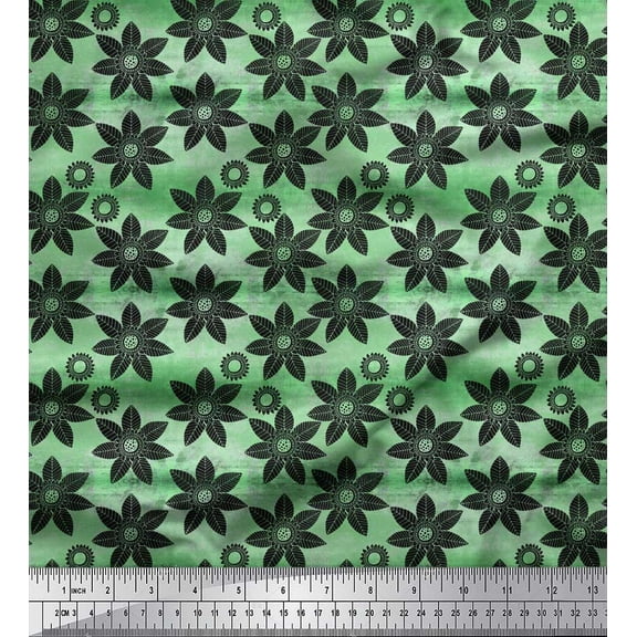 Soimoi Green Cotton Duck Fabric Black Sketch Floral Fabric Prints By Yard 42 Inch Wide