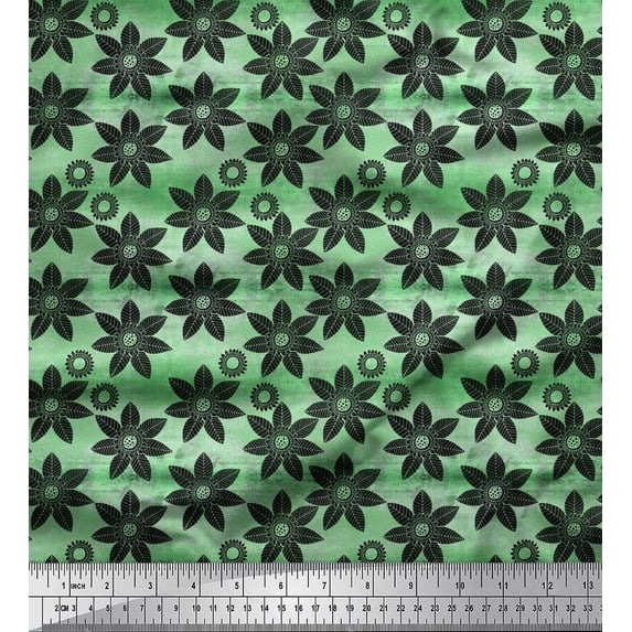 Soimoi Green Japan Crepe Satin Fabric Black Sketch Floral Printed Craft Fabric by the Yard 42 Inch Wide