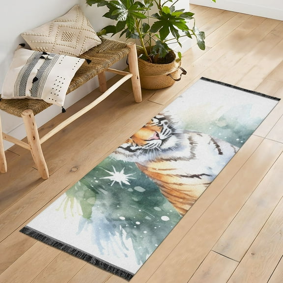Tiger Christmas Trees Gifts Runner Rug Machine Washable Area Rugs Carpet Non Slip Entryway Mat for Bedroom Entryway Front Door