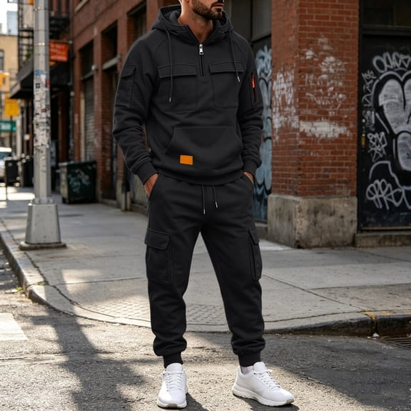 Men's Quarter Zip Cargo Tracksuit Two Piece Outfit Multi Pockets Hoodie and Jogger Pants Drawstring Casual Athletic Set XL