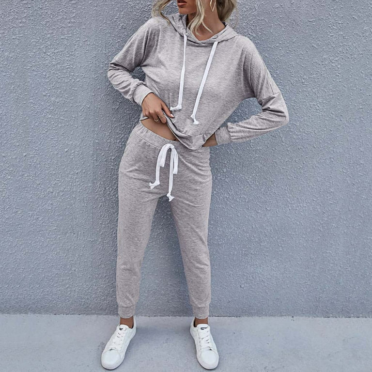 Solid Color Lace-Up Hooded Two-Piece Set Women Fashion Leisure Time O-neck  Sweater Athletic Wear Long Sleeves Suit 