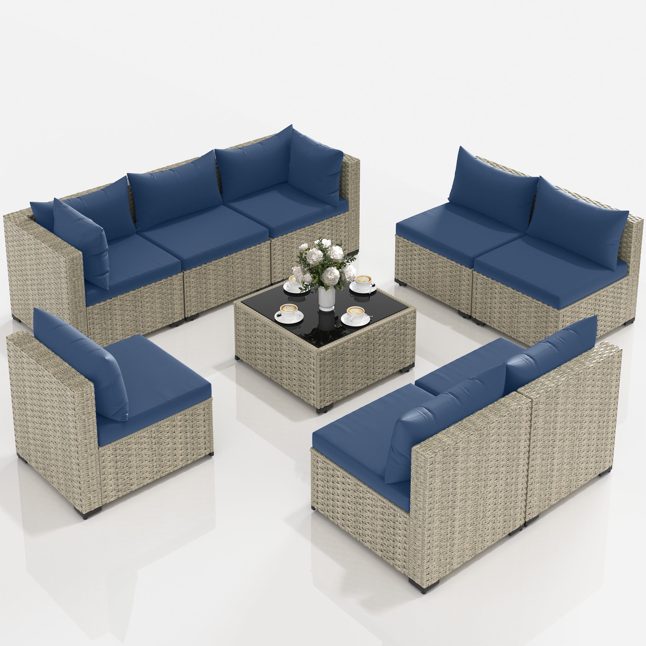 UDPATIO 9 Pieces Outdoor Patio Furniture Set, Outdoor Wicker Patio Conversation Set with Cushions for Backyard, Porch, Garden(Navy)