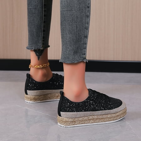 

MIASHUI shoes for women Ladies Fashion Solid Color Sequin Breathable Lace Up Platform Casual Shoes