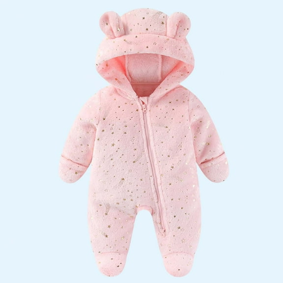 Eltusu Baby Girls Fleece Jumpsuits, Hooded Warm Winter Comfy Baby Rompers Pink Size 0-12 Months