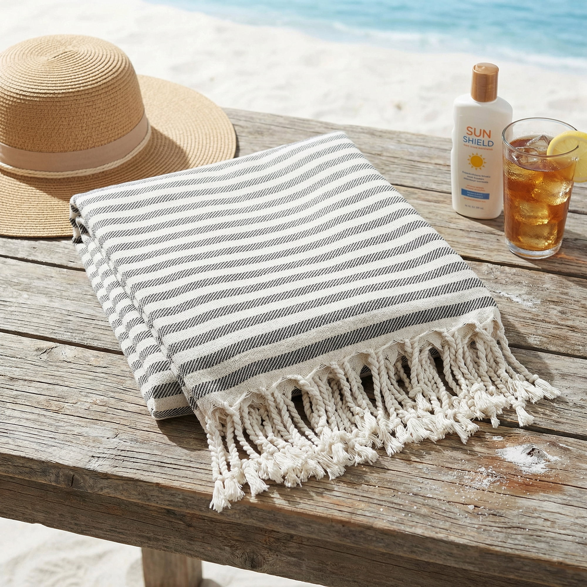 Unique Bargains Lightweight Sand Free Quick Dry Turkish Towel Black/Blue 71"x40"