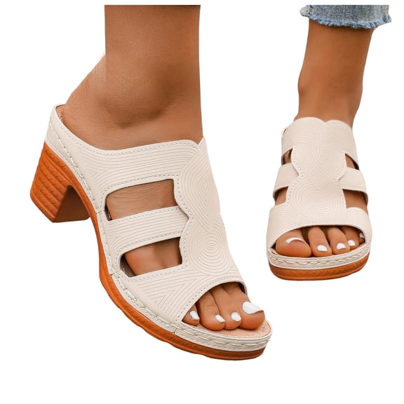 Rokment Boho Vintage Platform Chunky High Heels Slides Sandals for Women Ladies 2026 Beach Summer Trendy Leather Open Toe Block Heeled Dress Slip on Slippers Beige Size 6