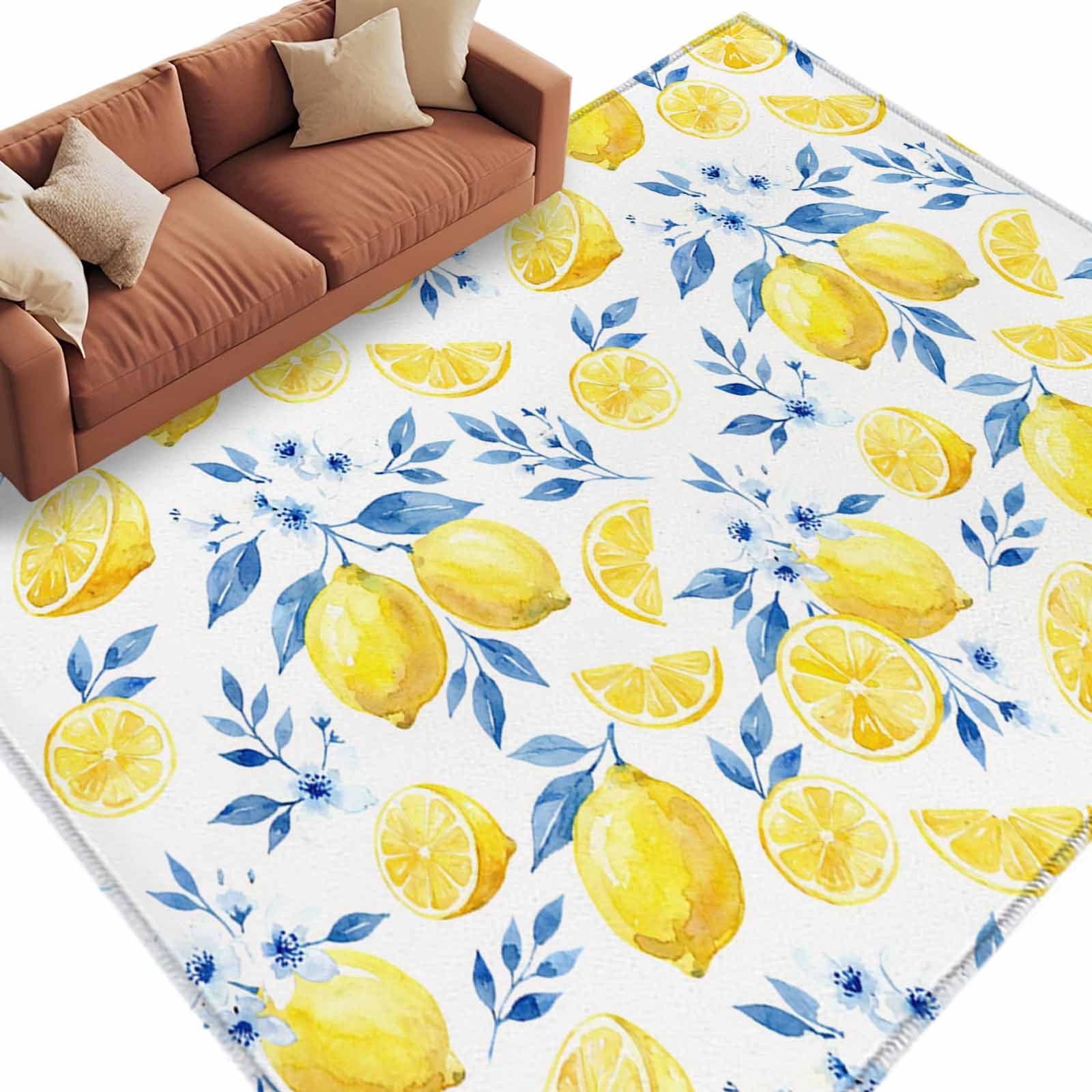 Rectangle Area Rugs 5 x 8 Ft, Watercolor Lemons Non-Slip Residential Carpet, Summer Farmhouse Blue Floral Indoor Crawling Mats Runner Rugs for Living Room/Dining Room/Bedroom