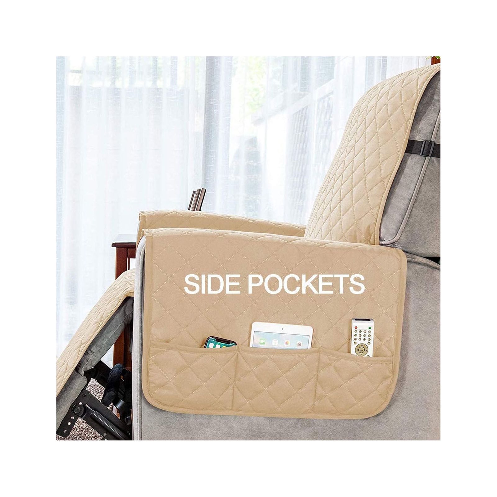 Quilting Waterproof Recliner Slipcover, Recliner Chair Cover Reversible Armchair Covers Sofa Slipcover Elastic Band Recliner Cover Anti-Slip Armchair-Khaki-small