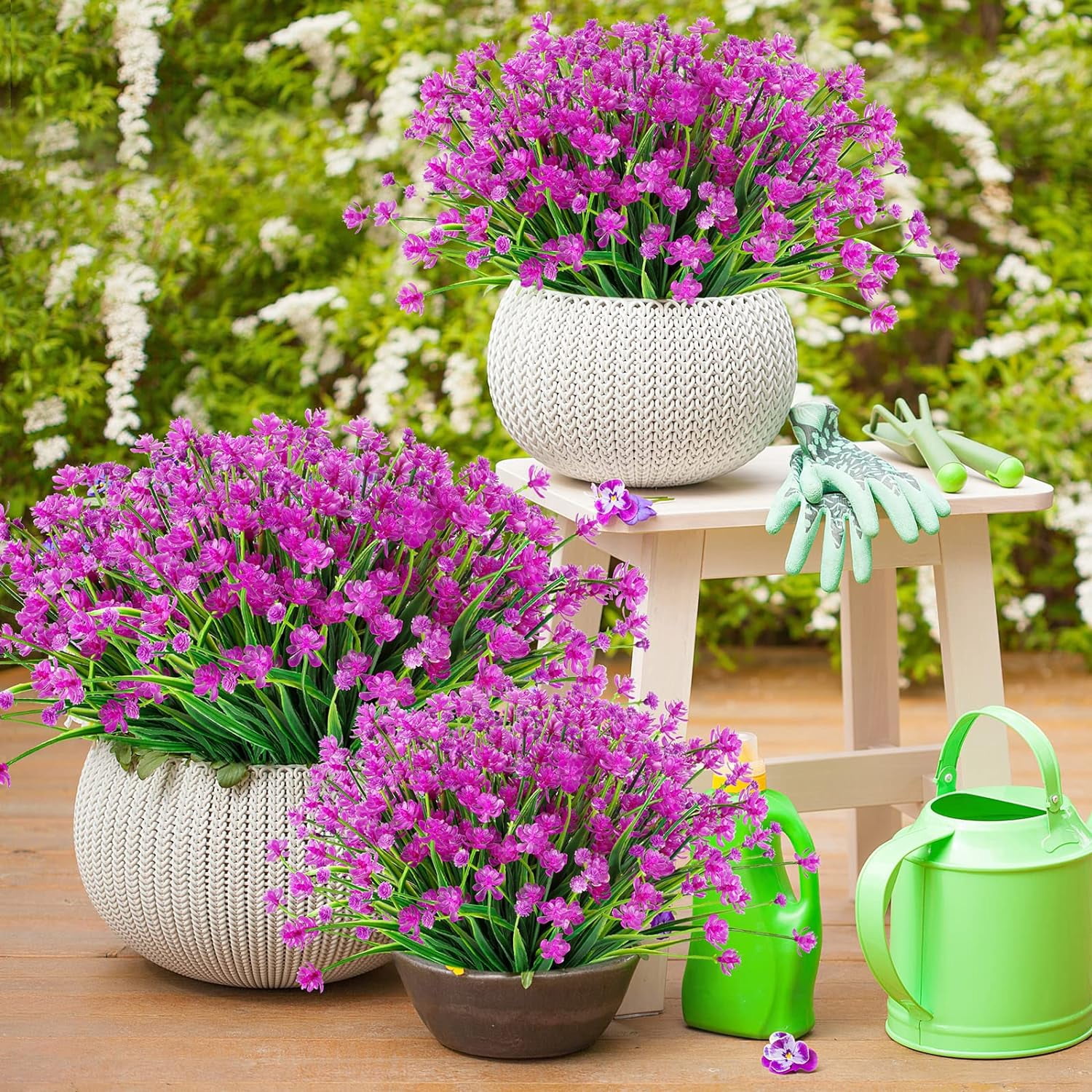 6 Bundles Artificial Flowers for Spring Decoration, Outdoor UV Resistant Fake Flowers No Fade Faux Plastic Plants for Indoor Outside Window Box Porch Hanging Basket Decor (Magenta-camellia)