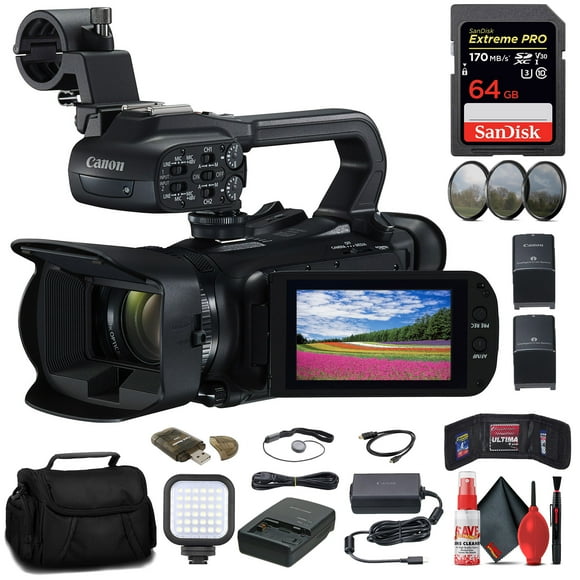Canon XA65 Professional UHD 4K Camcorder (5732C002) + 64GB Memory Card + BP828 Battery + BP820 Charger + Filter Kit + Bag + LED Light + Card Reader + HDMI Cable + Memory Wallet + Cap Keeper + More
