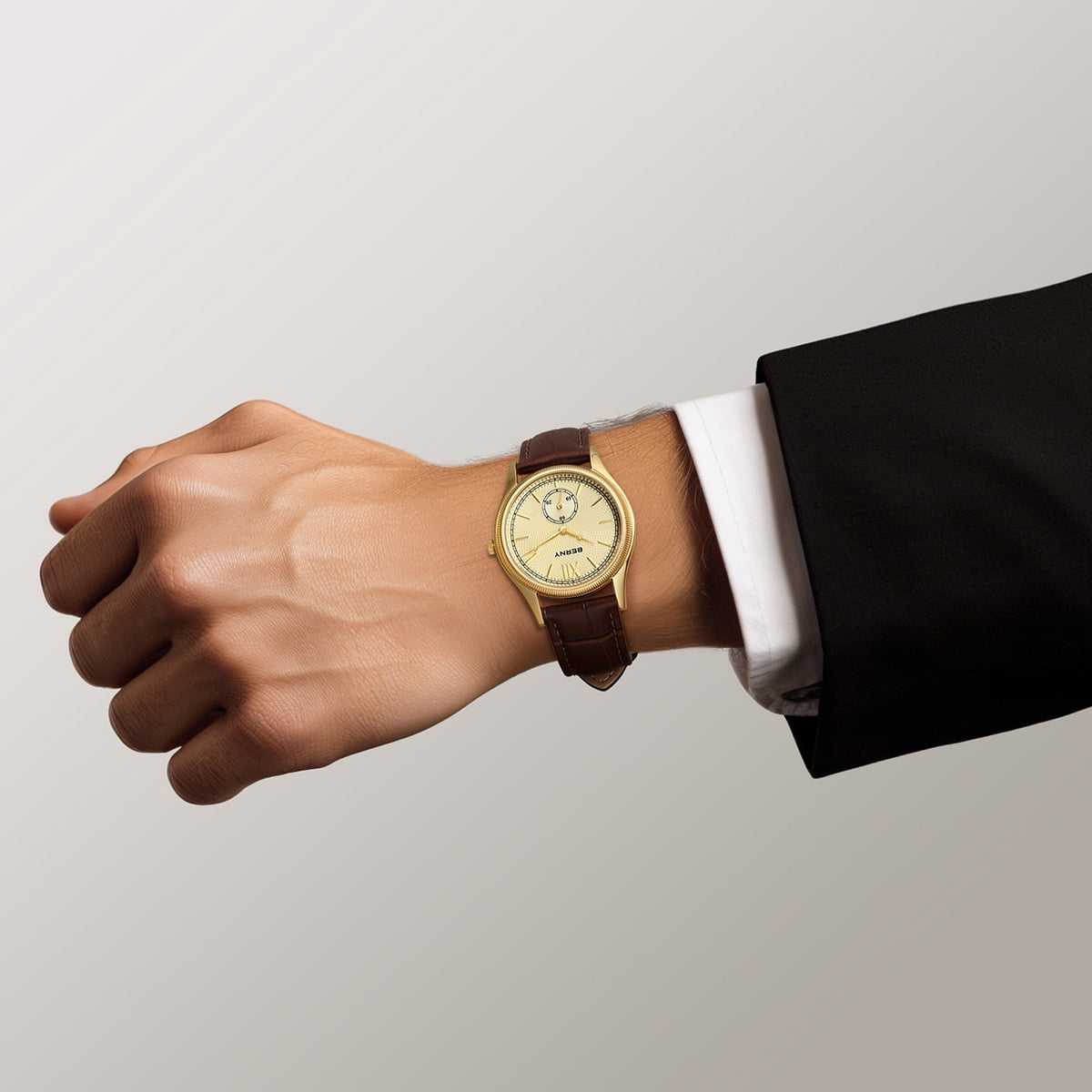 BERNY Watches for Men, Ultra-Thin Minimalist Leather Watch, Stainless Steel Case, Waterproof Analog Quartz Watch, Business Dress Watches with Small Seconds (Gold)