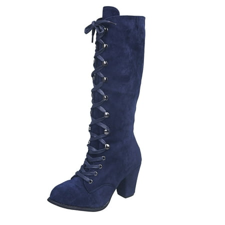 

CBGELRT Mid Calf Boots for Women Retro Fashion Strappy Lace-up Suede Western Boots Casual Thick Heel Pull on Tall Boots Womens Shoes 40