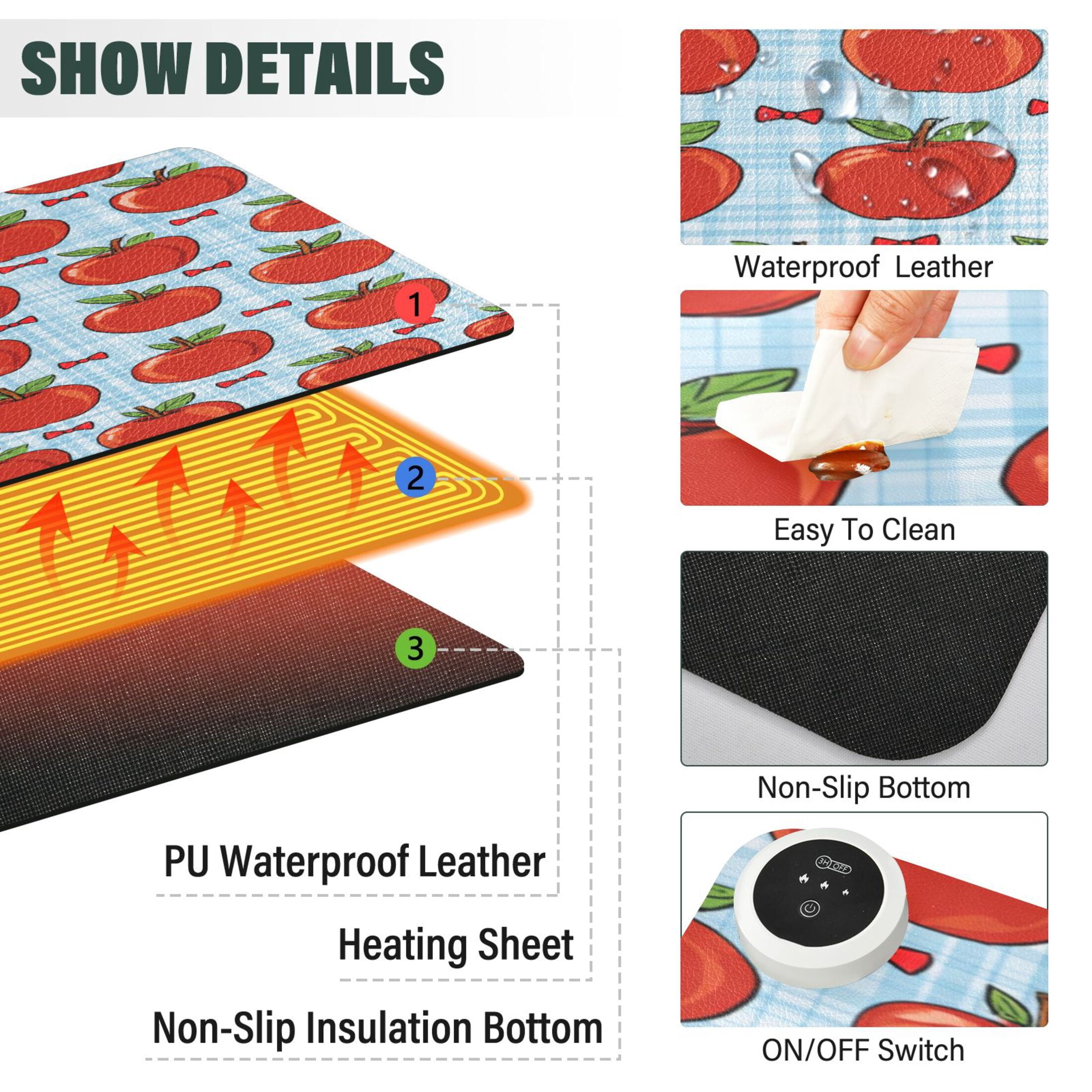 Large Heated Desk Mat Mouse Pad 31.5"x13"PU Leather Graphene Heating Desk Warmer with 3 Temperature Settings 110V US Plug Non-Slip Warm Pad for Home, Office, and Gaming Red Apple Gingham Print
