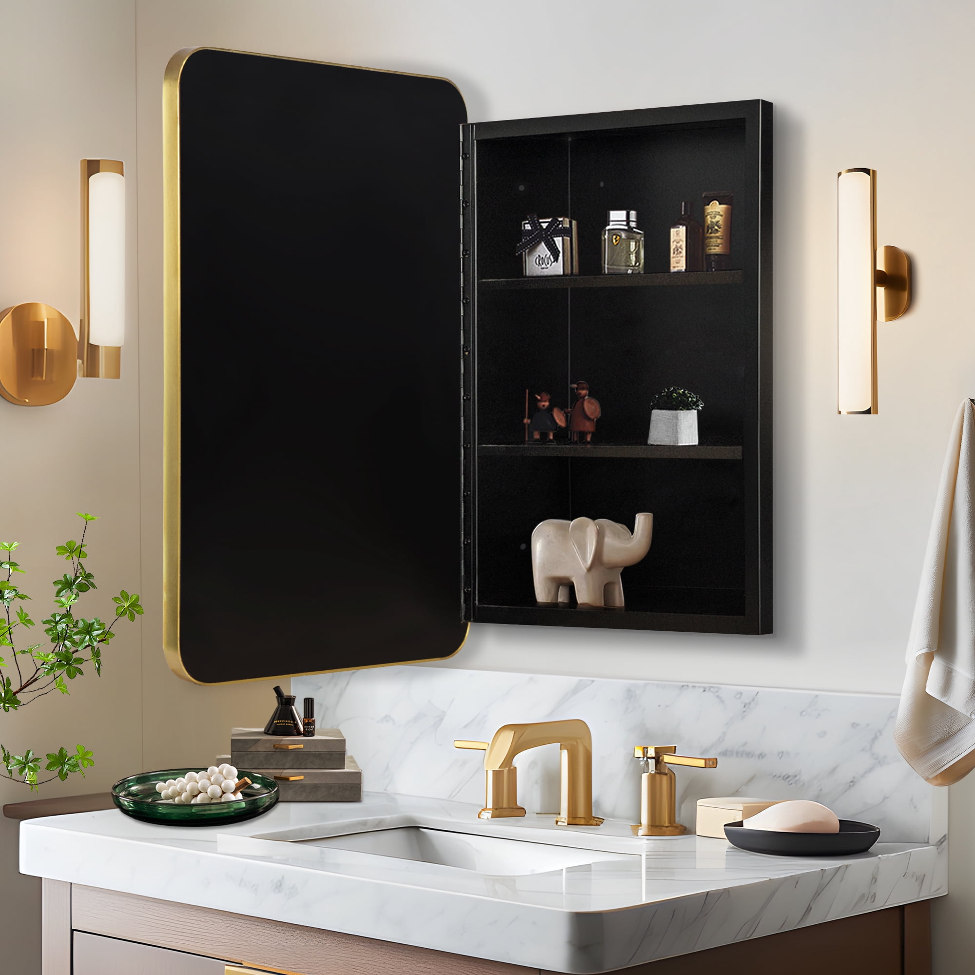 24"x16" Rectangle Recessed/Surface Mount Medicine Cabinet with Mirror,Gold