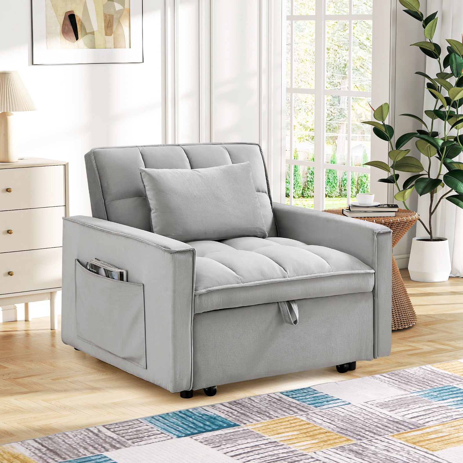 Lunale 4-in-1 Convertible Sleeper Sofa Chair Bed for Adult, Lounge Chair Indoor, Modern Single Couch for Living Room, Small Spaces, Gray Velvet