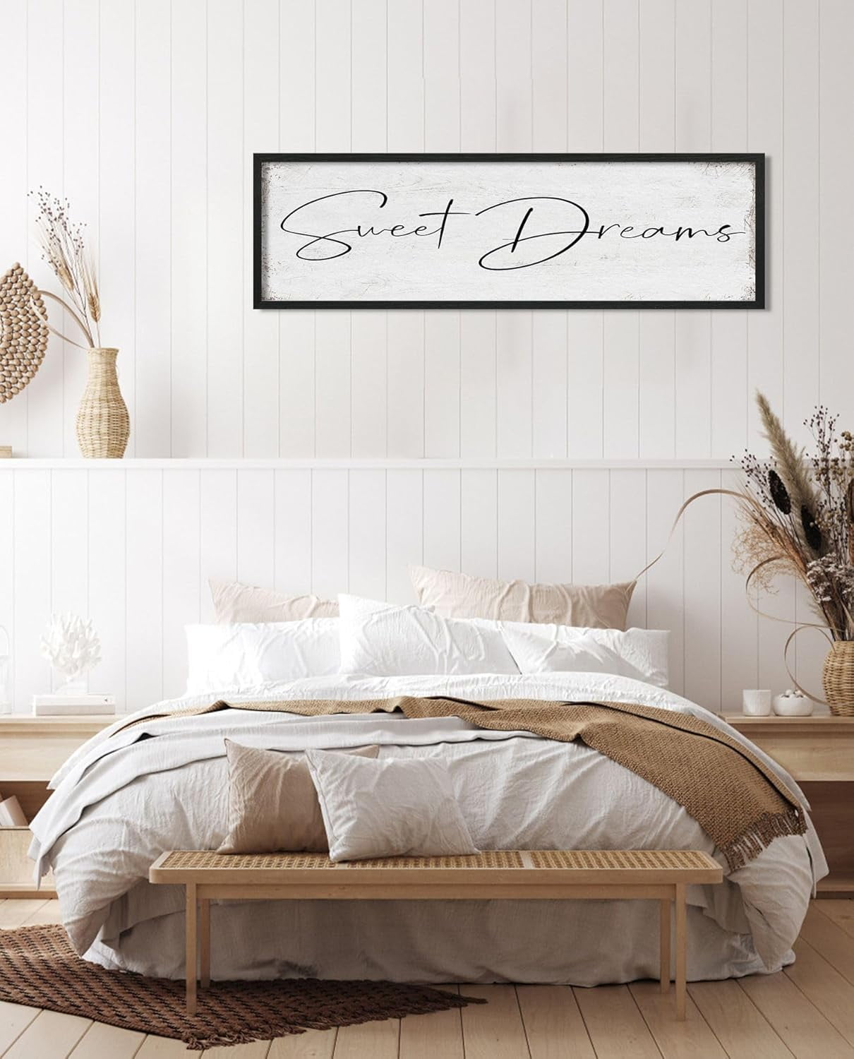 CDDposter Sweet Dreams Sign Bedroom Decor: Sweet Dreams Wall Decor Above Bed Large Farmhouse Guest Room Hanging Plaque Framed Wall Art for Over Bed 12" x 40"