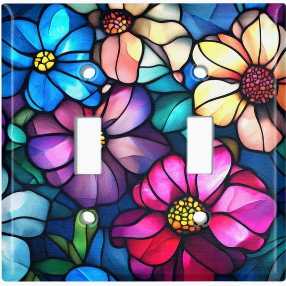 Metal Light Switch Wall Plate Outlet Cover (Printed Image of Colorful Stained Glass Flowers - Double Toggle)