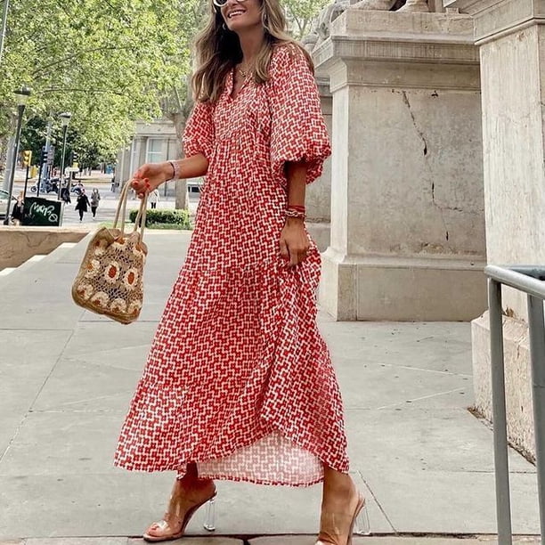 Women Lantern Sleeve Long Dresses Summer New V Neck Floral Print Loose Beach Sundress Female Bohemia Holiday Lace-up Maxi DressM Gao Jinjia LED