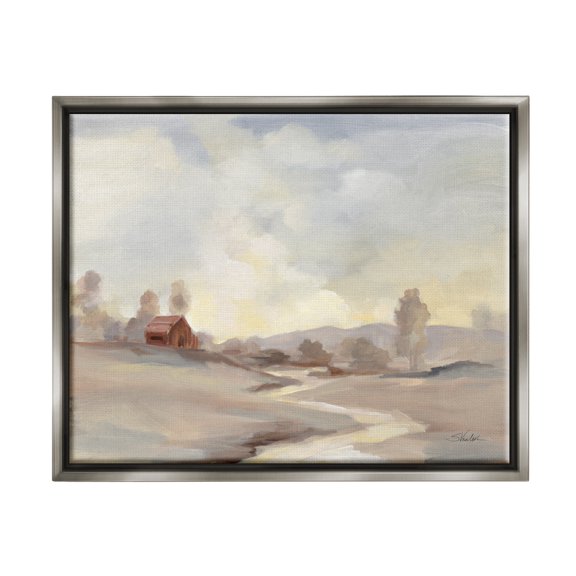 Stupell Industries Abstract Cabin Landscape Nature Painting Gray Floater Framed Art Print Wall Art, 31 x 25