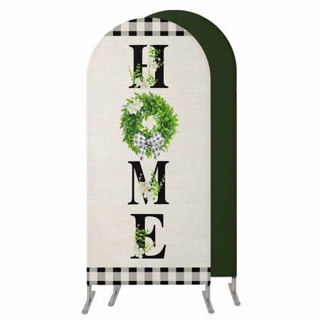 Rustic Home Wedding Arch Cover Stretchy Spandex Arch Backdrop Stand Covers 6 FT Eucalyptus Leaves Floral Beige Buffalo Plaid Round Top Arched Backdrop Cover for Birthday Party Ceremony Baby Shower