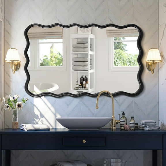 Solid Wood Wavy Rectangle Mirror-Black 40" x 28" Modern Mirror Wall Decor for Bathroom, Bedroom, Living Room,