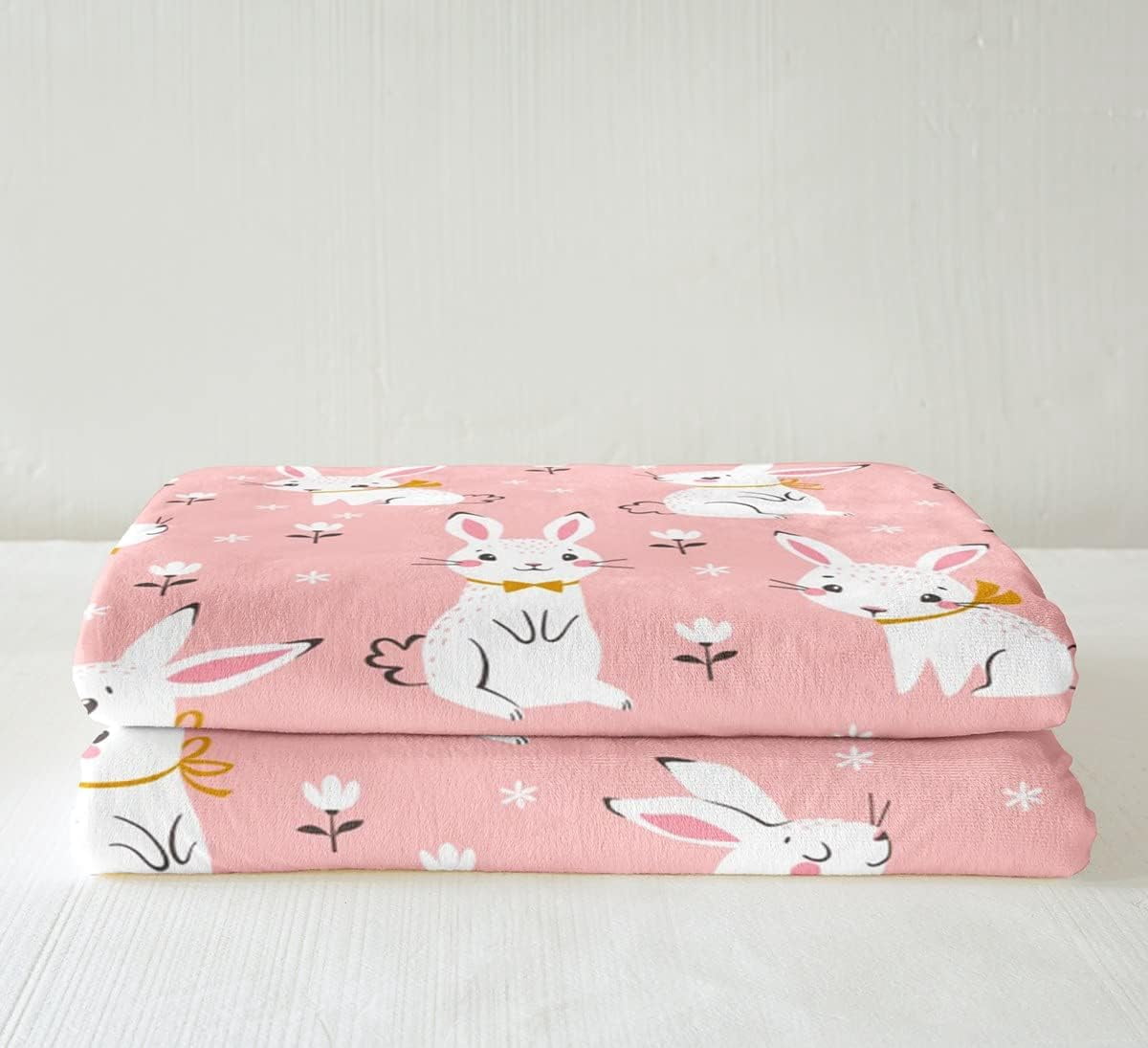 Cute Rabbit Plush Blanket Cartoon Bunny Pink Sherpa Blanket Boys Girls Lovely Little Floral Rabbit Decor Fleece Throw Blanket Botanical Animal Fuzzy Blanket for Sofa Bed Couch,Throw 50x60 Inches