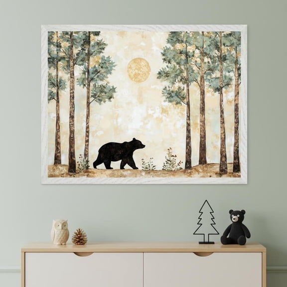 Black Bear Forest Wall Art Woodland Nursery Decor Rustic Cabin Wilderness Print Birch Tree