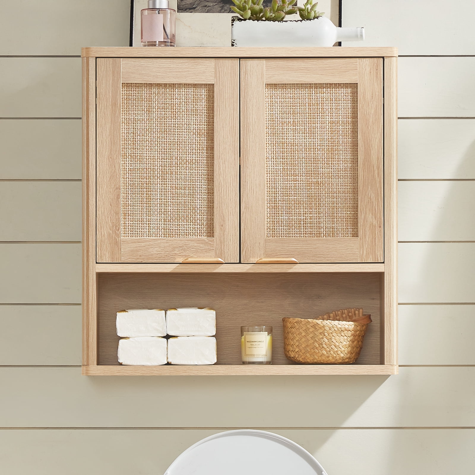Leyaoyao Boho Bathroom Cabinet Wall Mounted with Doors, Wood Hanging Cabinet, Adult Wall Cabinets with Shelves Over The Toilet, Natural Oak
