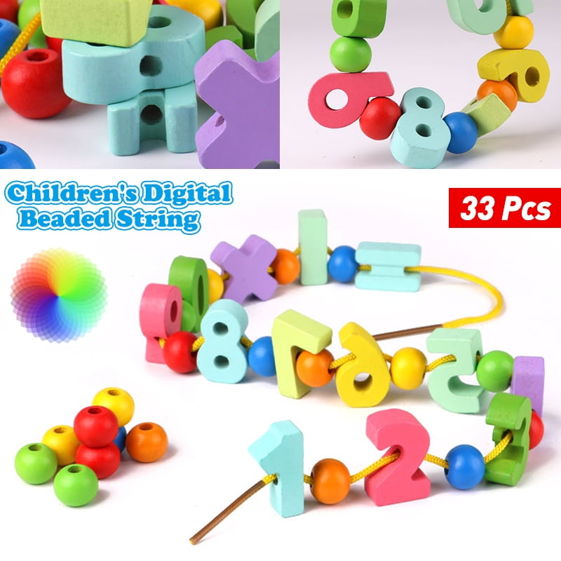 Baby Toddler Wooden Threading Beads Lacing Shapes Activity Cognition Toys 