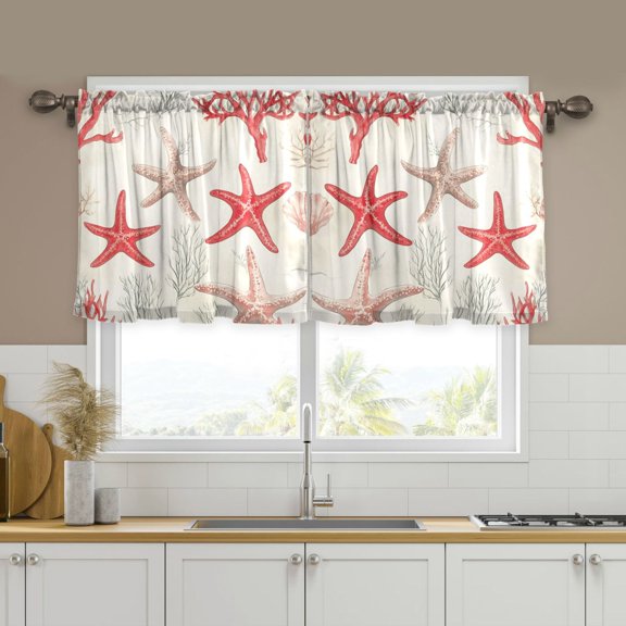 Yayeee Kitchen Curtains Tier Set of 2 Light Filtering 57"x24" Over Sink Window Panels, Brown Starfish