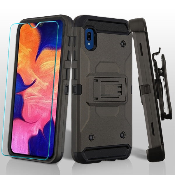 Samsung Galaxy A10E Phone Case Hybrid Impact Armor Rugged TPU Rubber  Silicone Shockproof Protective Cover with Holster Belt Clip & Tempered  Glass Screen Protector GRAY Case for Galaxy A10 E /A102 -