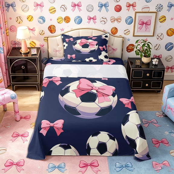 Castle Fairy Soccer Print Twin Sheets 3pcs, Pink Ribbon Bow Bedding, Black Navy Blue,1 Fitted Sheet, 1 Flat Sheet and 1 Pillowcase