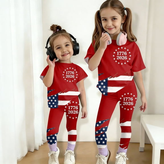 CCRFTGI 4th of july Outfits for Child Girls 10-12 Patriotic 2 Piece Outfits USA Flag Short Sleeve T Shirt and Elastic Waist Pants Athletic Clothing Sets Deep Red 9-10 Years