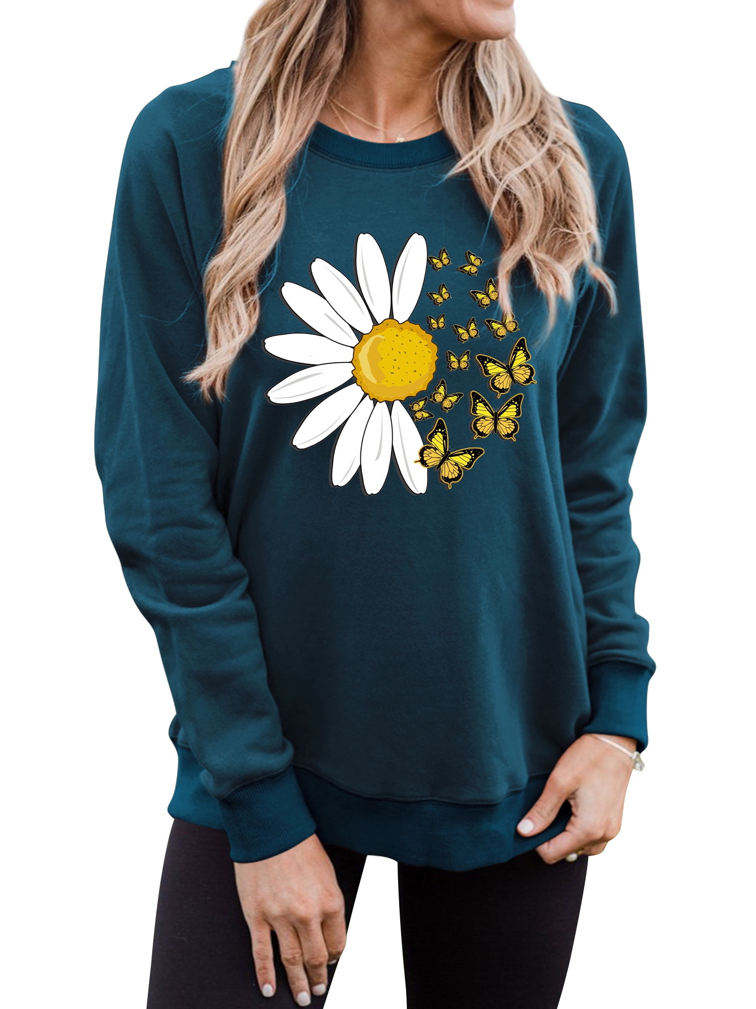 COOKI Women Floral Butterfly Graphic Printed Round Neck Pullover Sweatshirts Casual Pullover Long Sleeve Sweater Tops