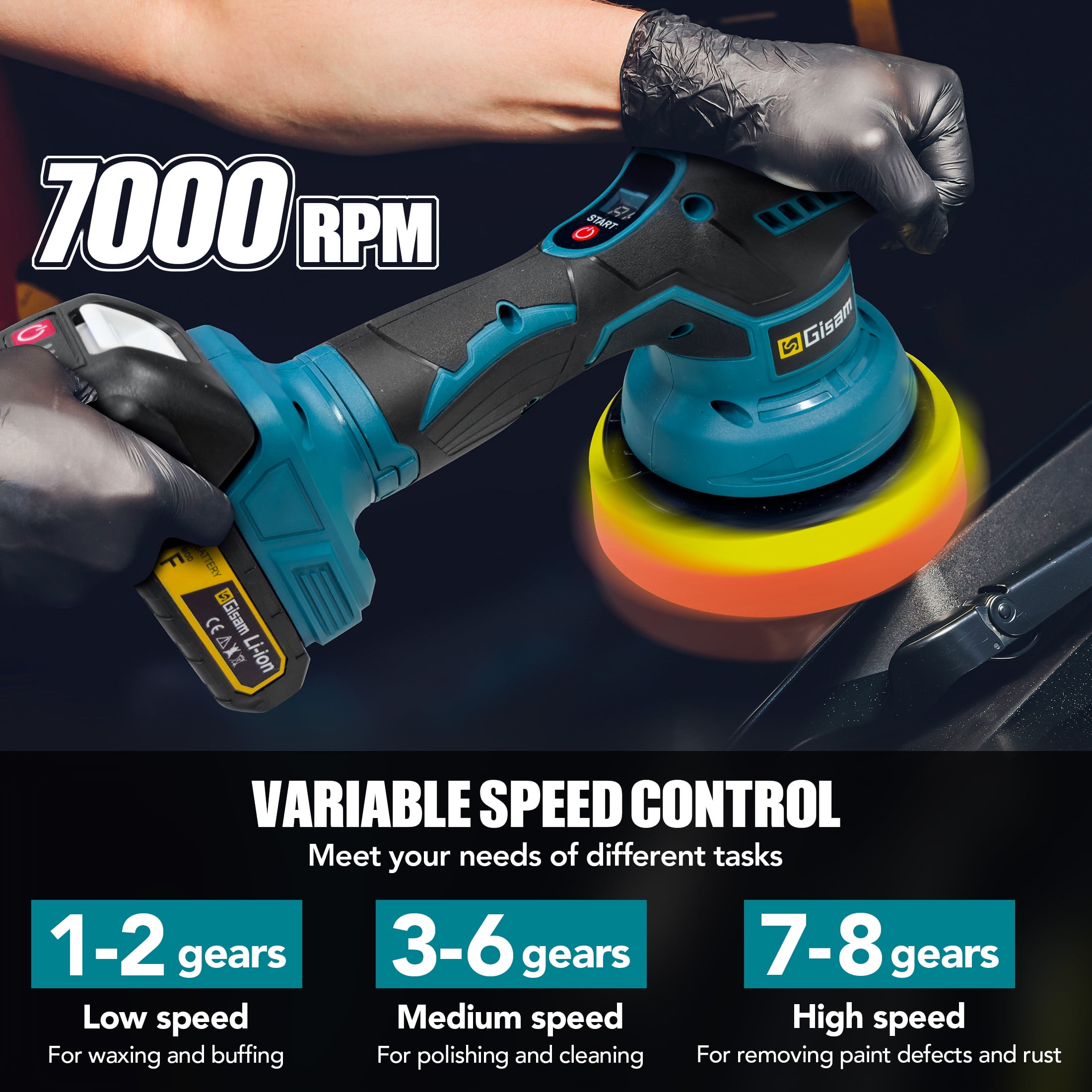 Gisam Cordless Car Buffer Polisher, 8 Variable Speed Auto Orbital Polishing Kit, with 2*21V 2.0Ah Battery for Car Wood Detailing/Polishing/Waxing/Scratch Removing