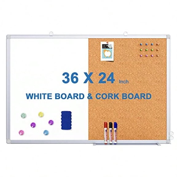 Magnetic White Board and Cork Board Combo 36 X 24 inches Whiteboard Bulletin Combination Board Wall Mounted Dry Erase Mage Board for Home School and Office