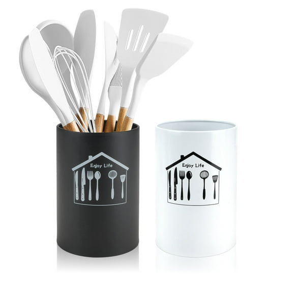 WSNIJFU 2Pcs Kitchen Chopstick Holder Stainless Steel Utensil Holder Utensil Spoon Fork Storage Cylinder Easy Storage Quick Access, Black & White