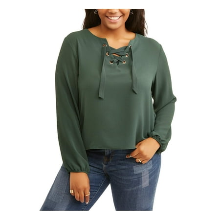 Juniors' Plus Long Sleeve Lace Up Woven Top With Grommet Detail