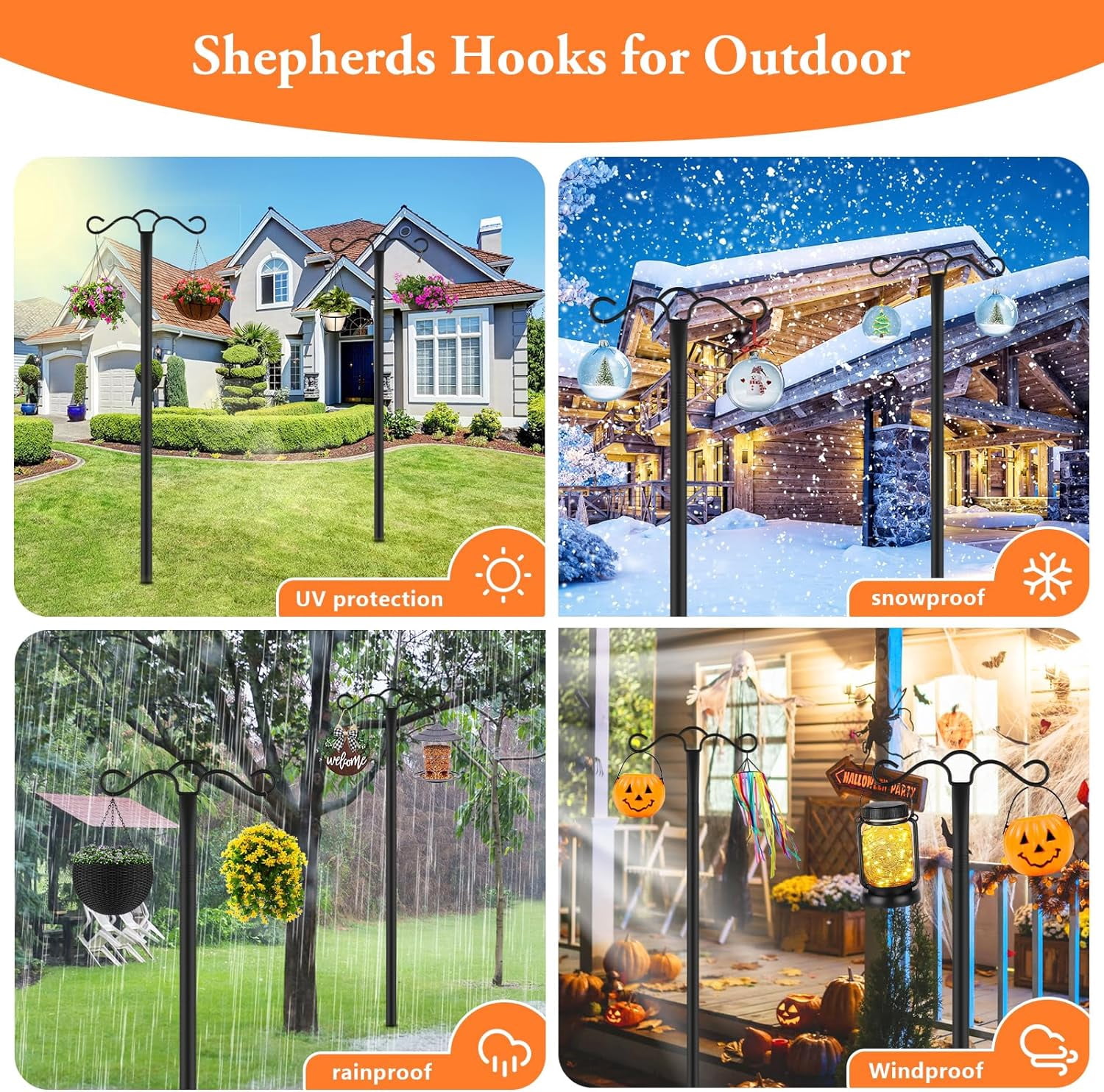 2 Pack 90 inch Double Shepherds Hook for Outdoor with 5 Prong Base Heavy Duty Two Sided Bird Feeder Pole for Hanging Lantern,Hummingbird Feeder,Lightweight Plant,Shepherds Hook