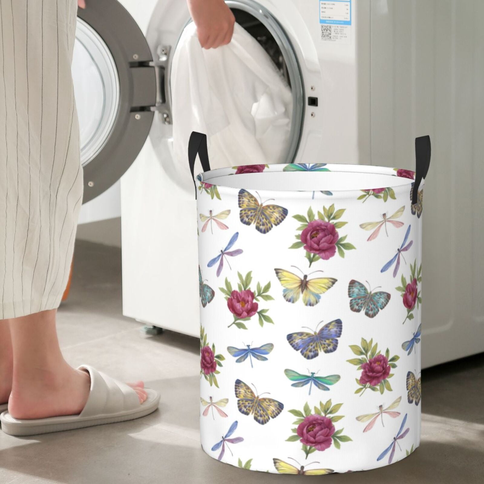 Large Laundry Basket with Handles - Carnation Butterfly Dragonfly Kids Baby Dirty Clothes Laundry Hamper for Bedroom Aesthetic
