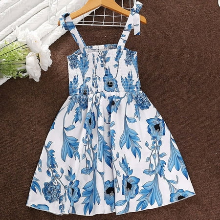 

dmqupv Toddler Girl 4t Girl s Casual Dress Summer Scoop Neck Sleeveless Suspender Blue Floral Flowy Print Plain Sundress Frocks Blue 3-4 Years