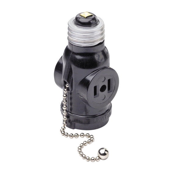 Leviton Light Bulb Socket Adapter 1406 with Pull Chain - 660W 125V 2 Outlet - Black
