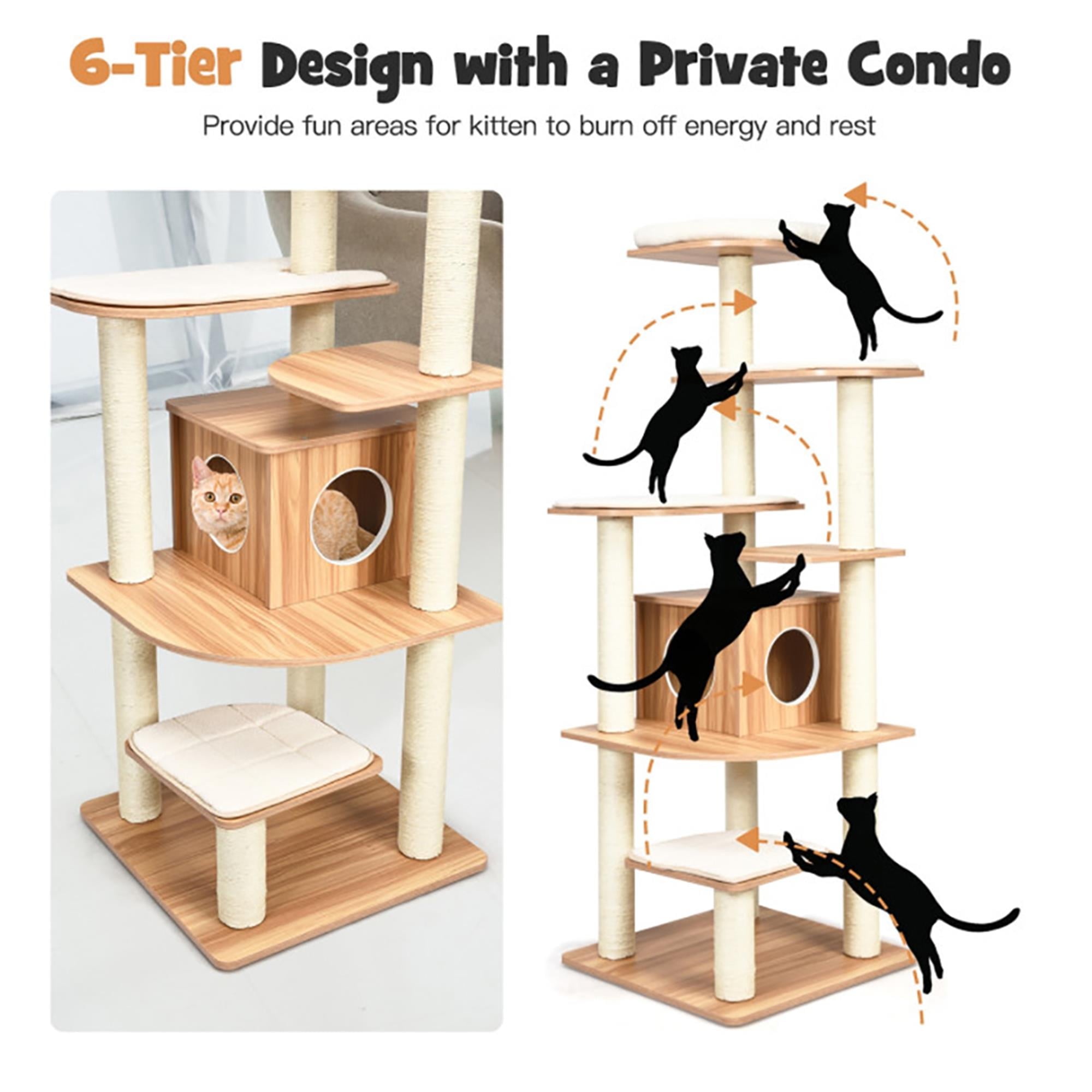 resenkos 71" Modern Cat Tree Tower for Indoor Cats, Wood Cat Condo with Scratching Post and Removable Pads for Small Large Cats, Beige