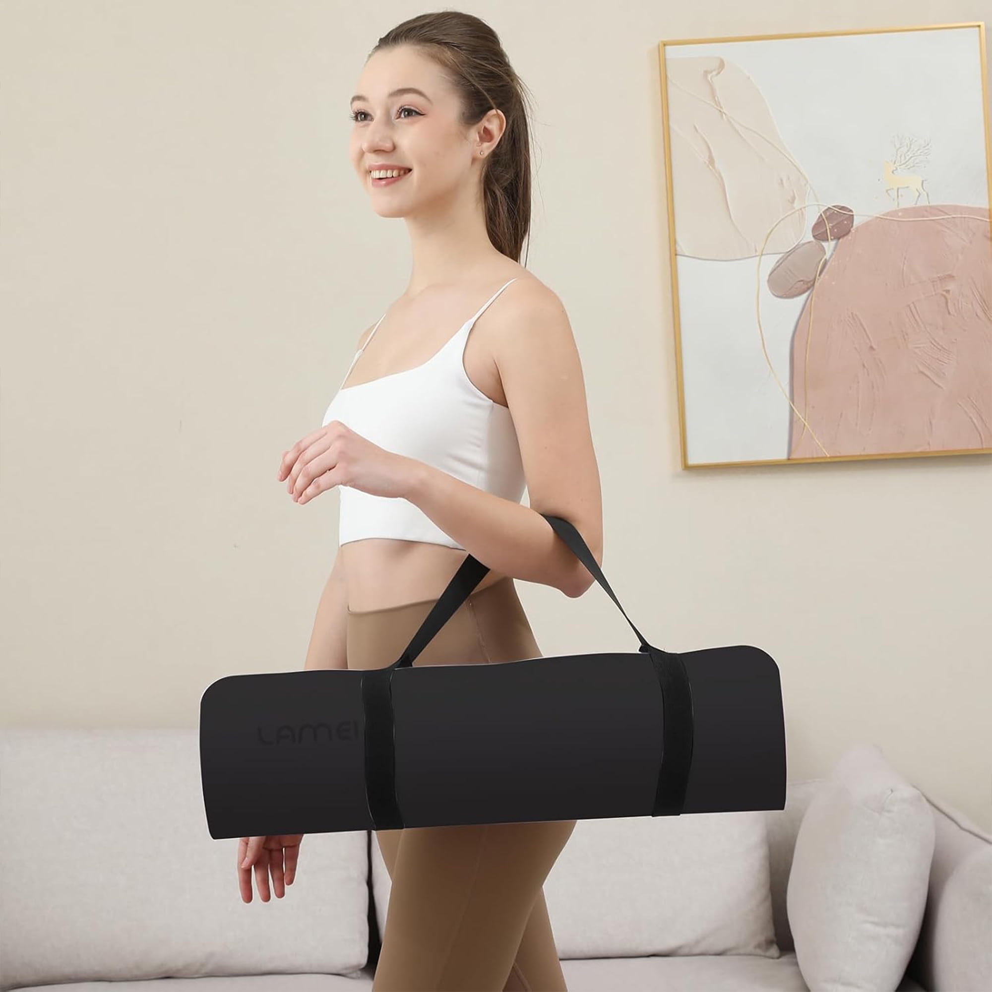 Lamei Yoga Mat,10mm Thick Non-Slip,Durable TPE Exercise Mat for Home Gym Travel,Includes Yoga Mat Carrier Strap, Eco-Friendly Workout Mats, Pilates, Stretching Barefoot Meditation(Black)