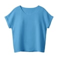 thumbnail image 6 of Women's Summer Travel Outfits Linen Casual Round-Neck Short Sleeved Top Wide Leg Cargo Work Pants Sets for Beach Vacation Sky Blue M, 6 of 9