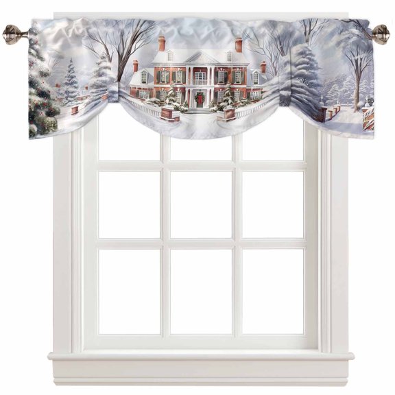 Fsddascl Christmas Tie Up Valance Curtains for Windows, Kitchen Curtains Window Treatments, Winter Snowflake House Xmas Tree Short Window Shades Valances for Bedroom Bathroom Cafe 42"x18"