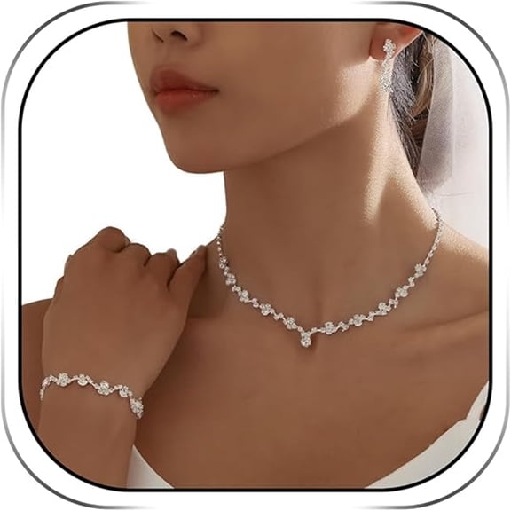 DESIGNICE 3Pcs Silver Wedding Jewelry Set for Women Brides Rhinestone Necklace Earrings Bracelet Bridal Wedding Jewelry Sets for Bridesmaid Prom Costume Accessories Jewelry