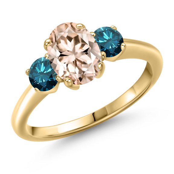 Gem Stone King 10K Yellow Gold Peach Morganite and Blue Diamond Engagement Ring for Women | 1.54 Cttw | Oval 8X6MM | Gemstone October Birthstone | Size 8